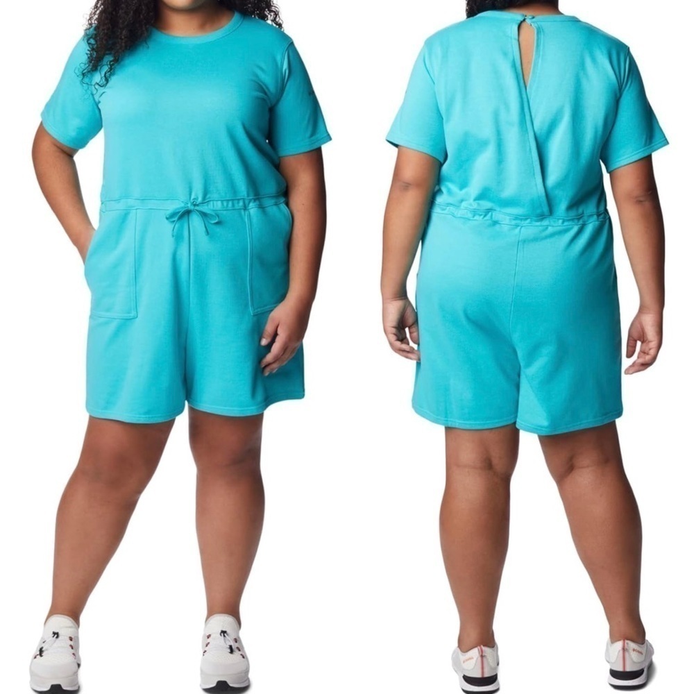 NWT Columbia Trek Plus Size French Terry Cross Back Romper Bright Aqua